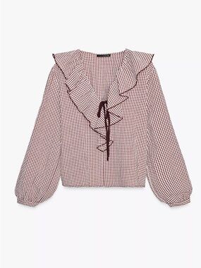 Zara Plaid Ruffle Long Sleeve Blouse | Size: XS